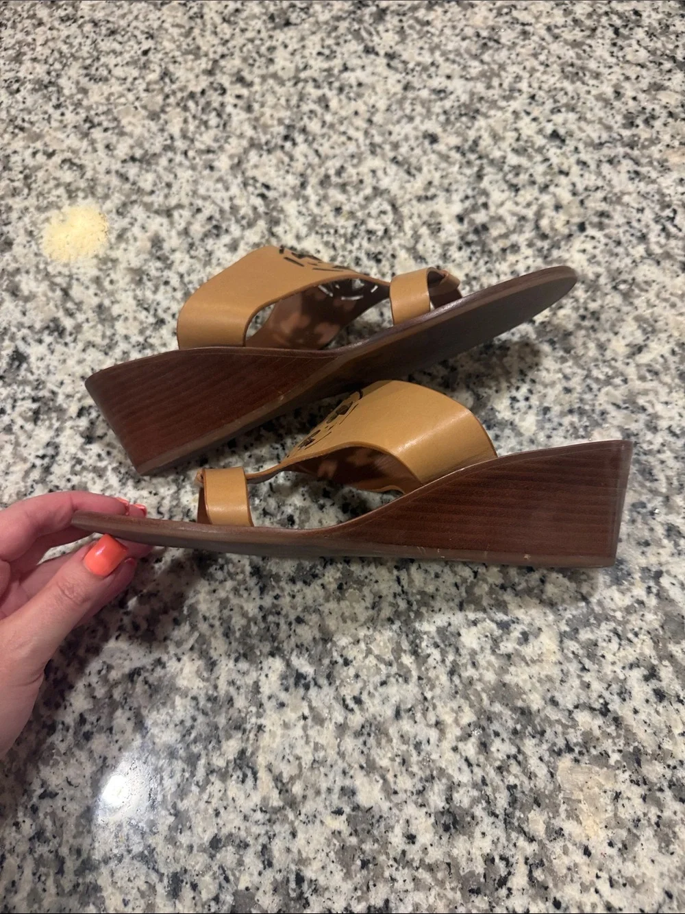 Tory Burch Cognac Tan Leather Cutout Logo Slide Sandals